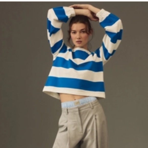 Anthropologie Tops - Anthropologie Maeve Blue/White French Terry Sweatshirt Size Medium